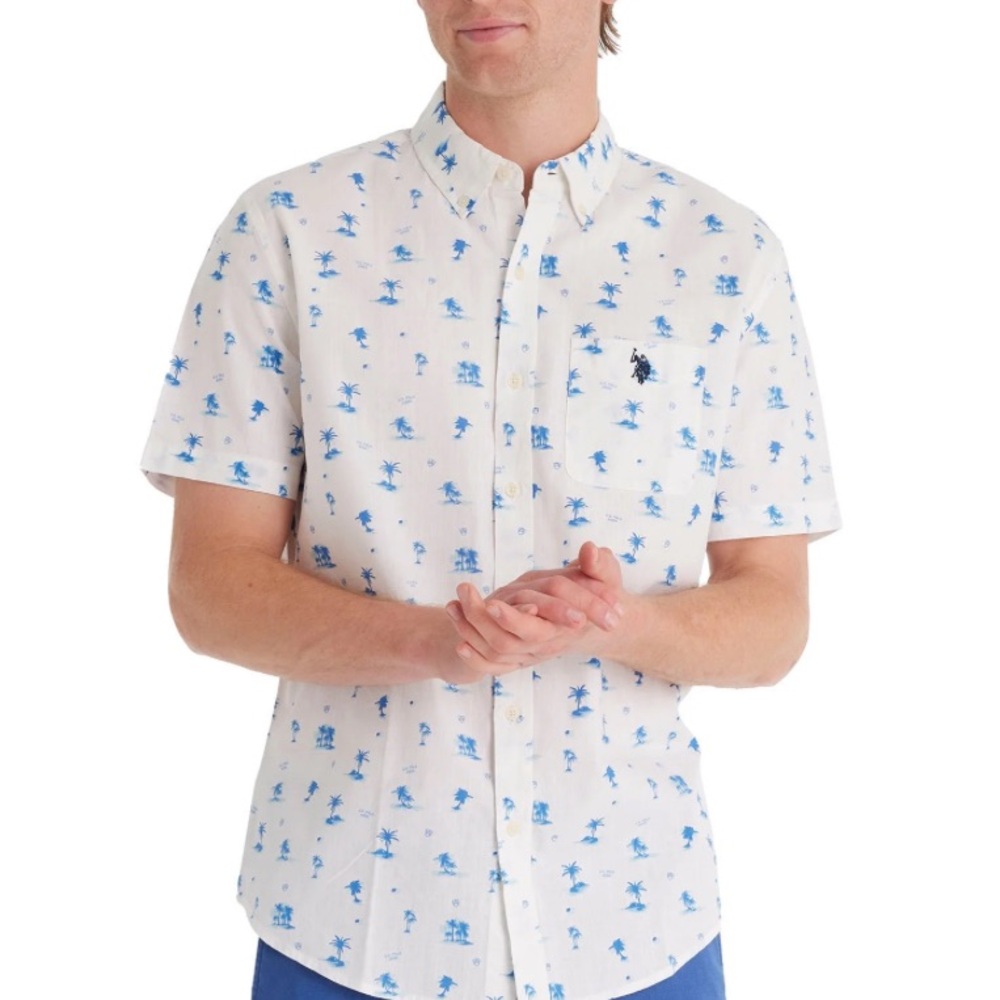 U.S. POLO White Oxford Button Down Blue Palm Tree Short Sleeve Shirt 2XL NWT
